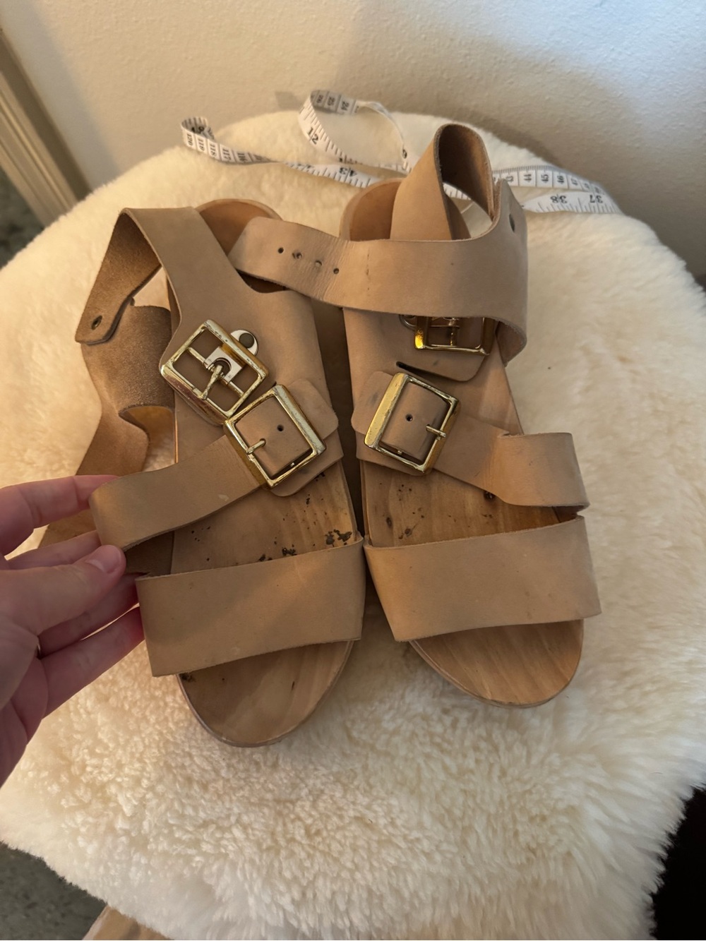 Bryr Tan Leather Double-Buckle Sandals with Gold Hardware